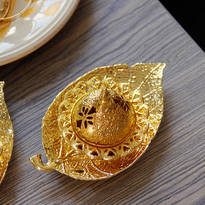 Buddha Stones Tibetan Gold Mini Leaf Coaster Meditation Incense Burner Incense Burner BS 2