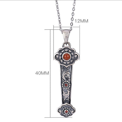 Buddha Stones 925 Sterling Silver Red Agate Cyan Jade Auspicious Clouds Ruyi Handle Blessing Necklace Pendant Necklaces & Pendants BS 5