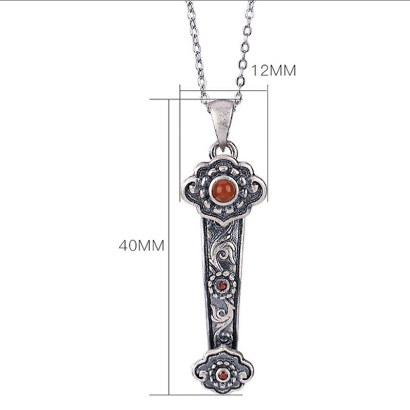Buddha Stones 925 Sterling Silver Red Agate Cyan Jade Auspicious Clouds Ruyi Handle Blessing Necklace Pendant Necklaces & Pendants BS 5