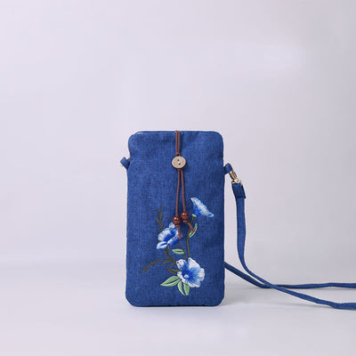 Buddha Stones Small Embroidered Flowers Crossbody Bag Shoulder Bag Cellphone Bag 11*20cm Crossbody Bag BS Navy Morning Glory 11*20cm