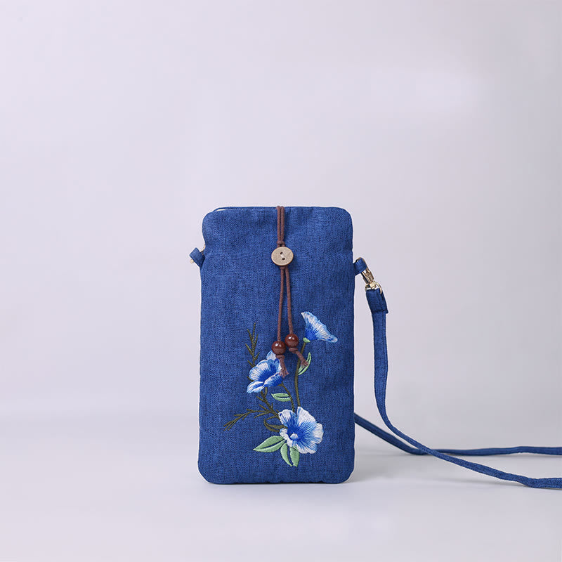 Buddha Stones Small Embroidered Flowers Crossbody Bag Shoulder Bag Cellphone Bag 11*20cm Crossbody Bag BS Navy Morning Glory 11*20cm