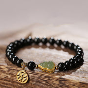 Foviel Natural Black Obsidian Hetian Jade Gourd Double Happiness Strength Bracelet