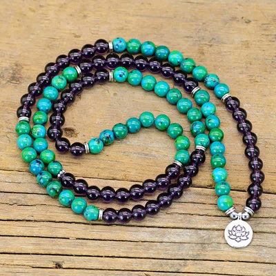 Buddha Stones Amethyst Green Aventurine Spiritual Lotus Charm Bracelet Mala Bracelet BS 2