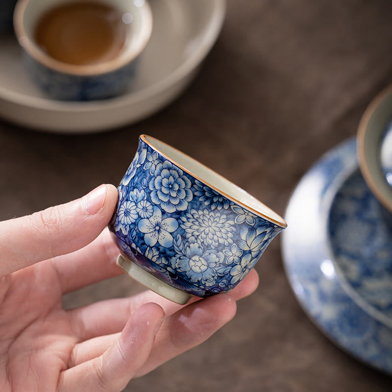 Buddha Stones Vintage Lotus Peony Plum Blossom Chrysanthemum Ceramic Teacup Tea Cups Cup BS 5.8cm*4cm*65ml