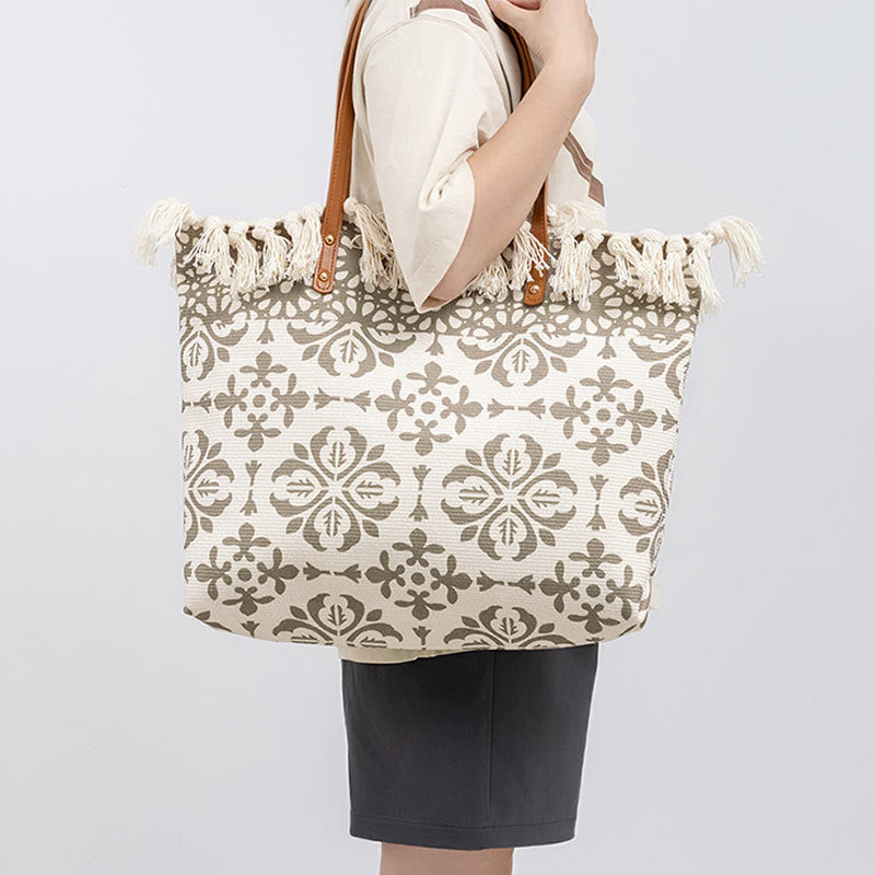 Buddha Stones Large Capacity Boho Geometry Print Tassel Canvas Tote Shoulder Bag Shoulder Bag BS 8