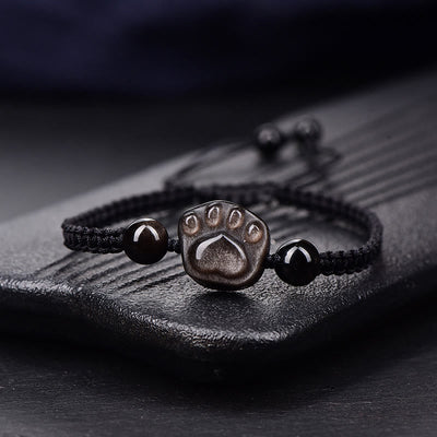 Buddha Stones Natural Silver Sheen Obsidian Gold Sheen Obsidian Cute Cat Paw Claw Protection Rope Bracelet Bracelet BS Silver Sheen Obsidian Black Rope(Wrist Circumference 14-19cm)