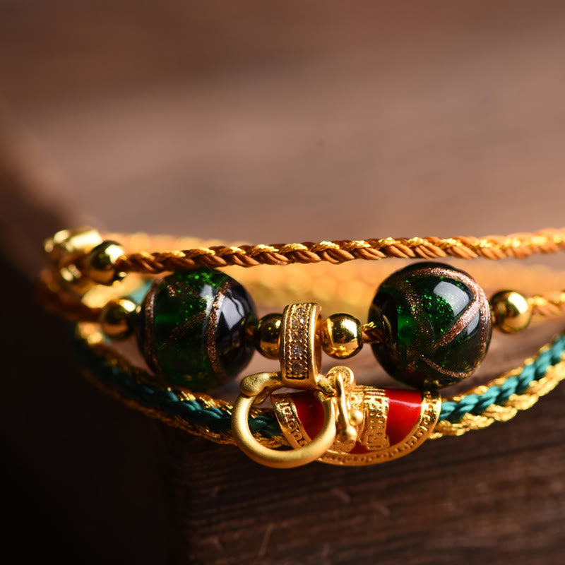 Buddha Stones Tibetan Handmade Rope Liuli Glass Bead Braided Multilayered Healing Bracelet Bracelet BS 5