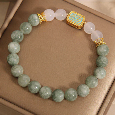 Buddha Stones Natural Green Jade White Agate Five Scriptures Abundance Bracelet Bracelet BS 1