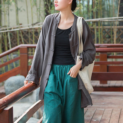 Buddha Stones Frog-Button Long Sleeve Zen Meditation Open Front Jacket With Pockets 20