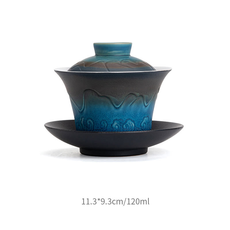 Buddha Stones Retro Blue Ocean Sea Waves Gradient Ceramic Gaiwan Sancai Teacup Kung Fu Tea Cup And Saucer With Lid Cup BS 3