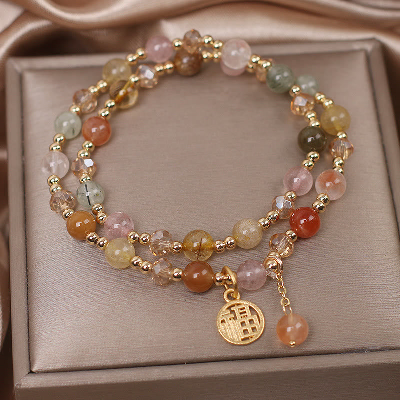 Buddha Stones Multicolored Rutilated Quartz Fu Character Auspiciousness Bracelet Bracelet BS 2