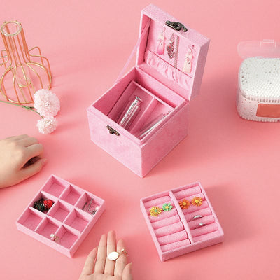 Buddha Stones Jewelry Box Organizer Three-Layer Jewelry Storage Box Flannel Gift Box Jewelry Box BS Pink(With Hook) 12*12*12cm