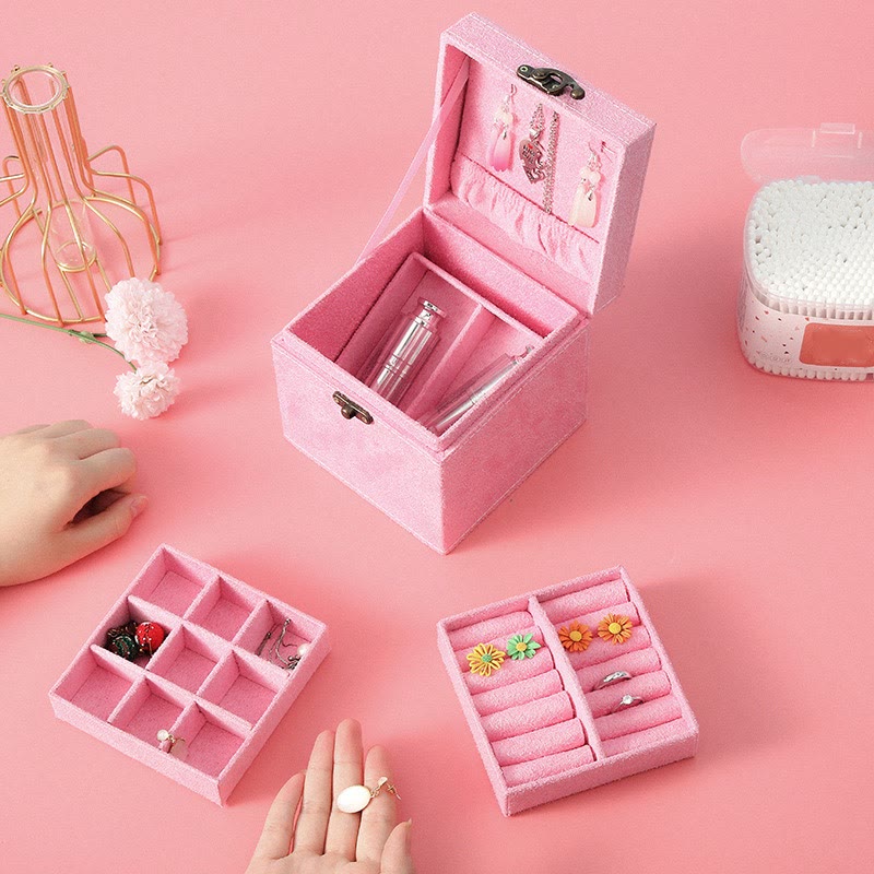 Buddha Stones Jewelry Box Organizer Three-Layer Jewelry Storage Box Flannel Gift Box Jewelry Box BS Pink(With Hook) 12*12*12cm