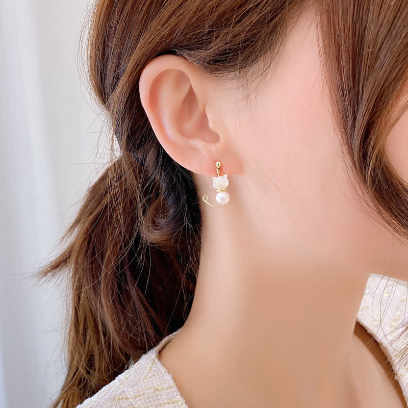 Buddha Stones Cute Cat Paw Pearl Wisdom Stud Drop Earrings Earrings BS 2