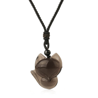 Buddha Stones Natural Black Obsidian Tiger Eye Ice Obsidian Fox Pendant Amulet Necklace Necklaces & Pendants BS Ice Obsidian2