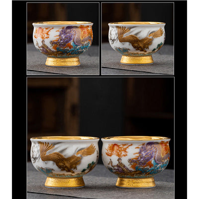 Buddha Stones Golden Eagle Auspicious Dragon Sun Ocean Waves Gilt Ceramic Teacup Kung Fu Tea Cup Cup BS 12