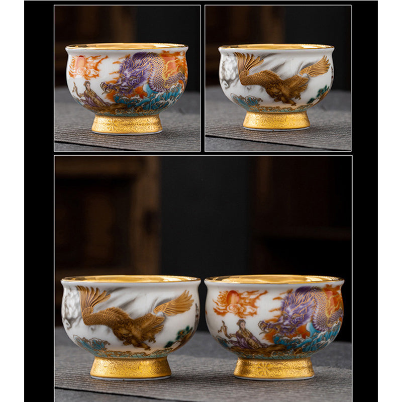 Buddha Stones Golden Eagle Auspicious Dragon Sun Ocean Waves Gilt Ceramic Teacup Kung Fu Tea Cup Cup BS 12