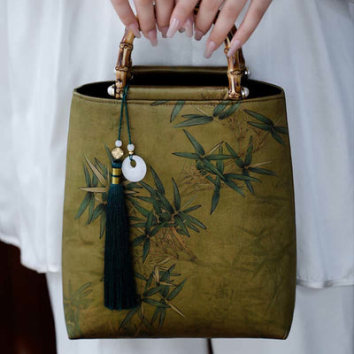 Buddha Stones Yellow Green Bamboo Leaves Bamboo Handles Handbag Handbags BS 10