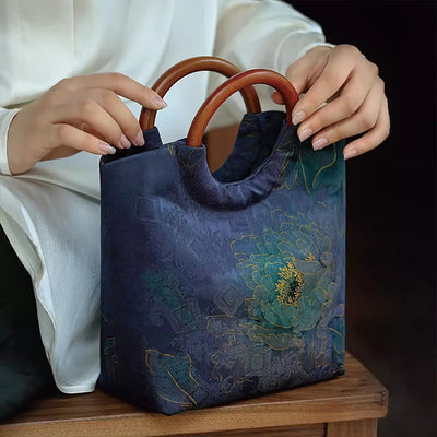Buddha Stones Peony Flower Bamboo Leaves Bird Solid Wood Handle Handbag Handbags BS 2