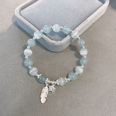 Buddha Stones 925 Sterling Silver Aquamarine Cat's Eye Healing Feather Star Charm Bracelet - image 2