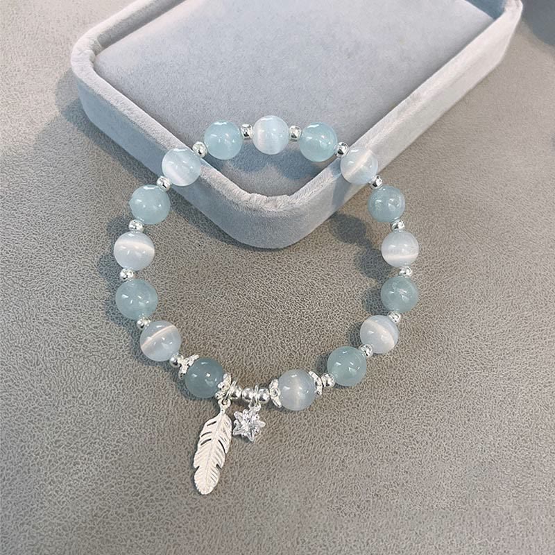 Buddha Stones 925 Sterling Silver Aquamarine Cat's Eye Healing Feather Star Charm Bracelet - image 2