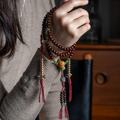 Buddha Stones Natural Tibet 108 Mala Beads Purple Bodhi Seed Hetian Cyan Jade Copper Dorje Peace Bracelet Mala Bracelet BS 2