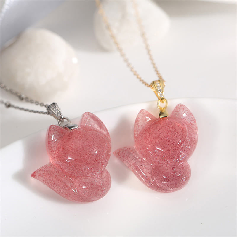 Buddha Stones 14k Gold Plated 925 Sterling Silver Strawberry Quartz Fox Healing Necklace Pendant Necklaces & Pendants BS 1