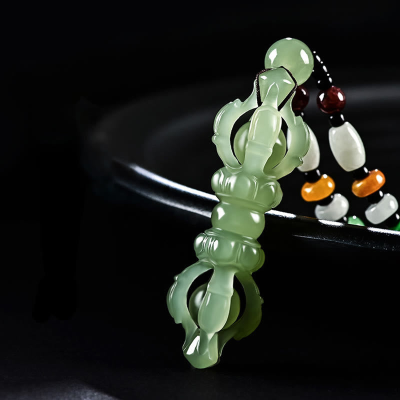 Buddha Stones Tibetan Natural Hetian Cyan Jade White Jade Dorje Vajra Engraved Success Necklace Pendant Necklaces & Pendants BS 8