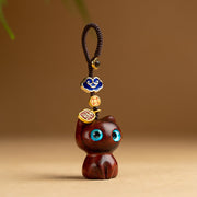 Porte-clés et pendentif pour téléphone Foviel en bois de santal rouge à petites feuilles et bois d'ébène, motif chat porte-bonheur protecteur