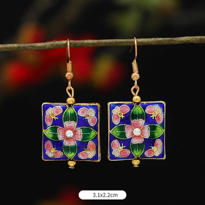 Buddha Stones Lotus Butterfly Flower Alloy Copper Enlightenment Drop Earrings Earrings BS Square Dark Blue Flower 3.1*2.2cm