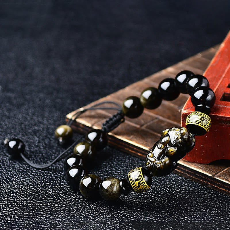 Buddha Stones Natural Gold Sheen Obsidian PiXiu Om Mani Padme Hum Wealth Braided Bracelet Bracelet BS 2