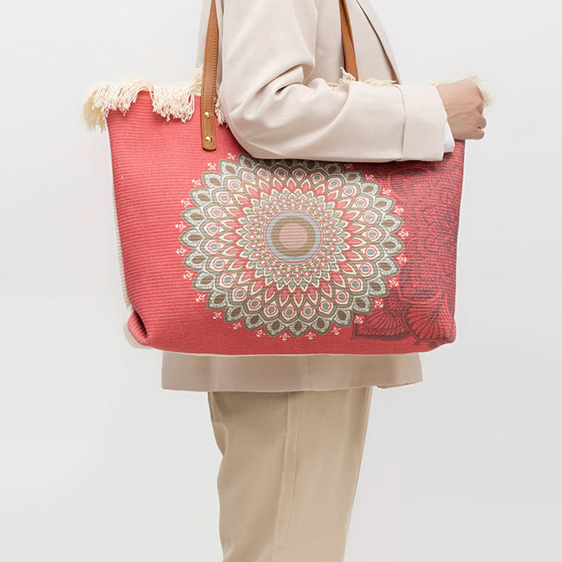 Buddha Stones Large Capacity Dreamcatcher Mandala Tassel Canvas Tote Shoulder Bag Shoulder Bag BS 8