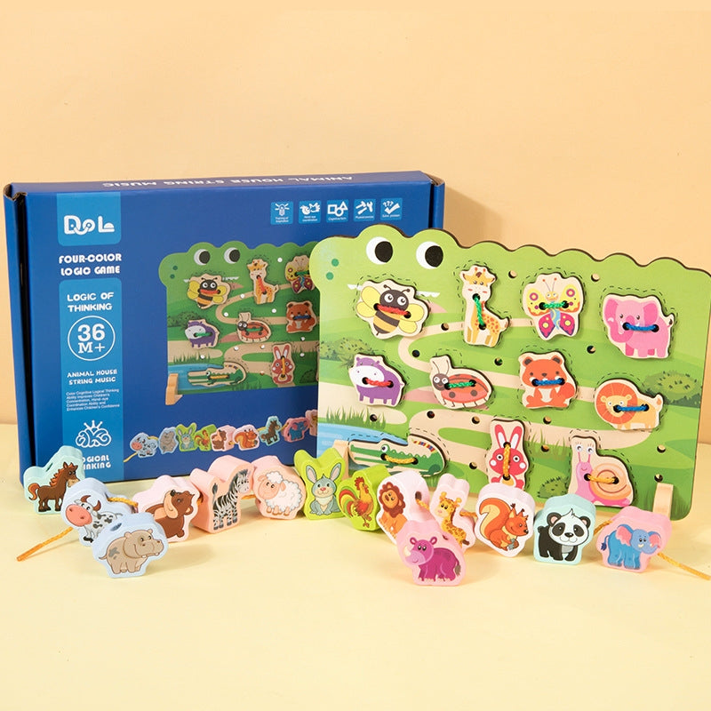 Fidtoy Wooden Animal Lace Pull String Kit for Kids | Montessori Threading Beads, 2-in-1 Animal Stacking Toy, Color Matching, Fine Motor Skills & Hand-Eye Coordination Toy Age 2-6