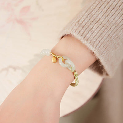Buddha Stones Natural Hetian Jade Bead Double Peace Buckle Fu Character Abundance Braided Bracelet Bracelet BS 2