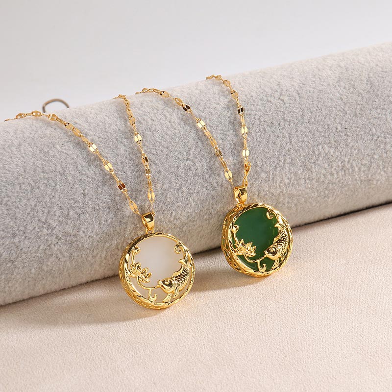 Buddha Stones Natural Jade Koi Fish Lotus Luck Necklace Pendant Necklaces & Pendants BS 8
