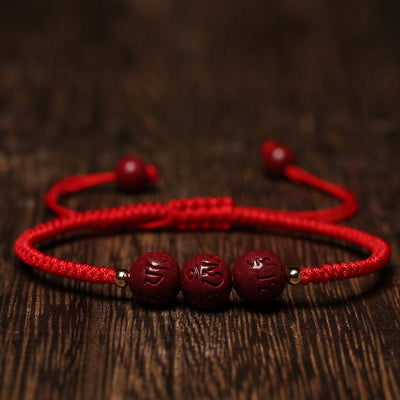 Buddha Stones Handmade Cinnabar Om Mani Padme Hum Engraved Beads Blessing Braided Bracelet Bracelet BS Red Rope(Wrist Circumference 14-16cm)