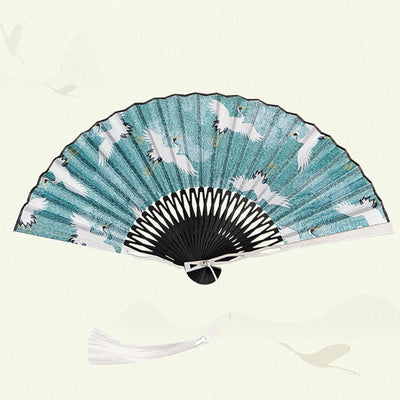 Buddha Stones Vintage Blue White Crane Pattern Handheld Silk Bamboo Folding Fan Folding Fan BS 7
