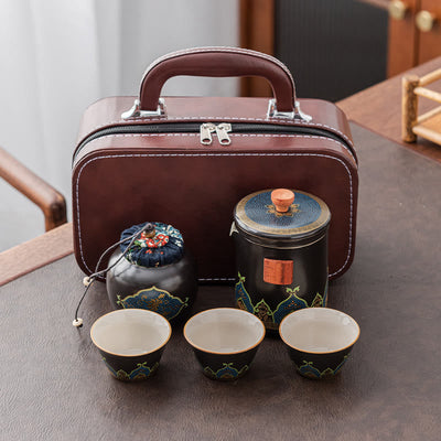Buddha Stones Flower Chinese Gongfu Ceramic Teapot Portable Outdoor Travel Tea Set Bag Teapot BS Black 1 Teapot+3 Cups+1 Handbag+1 Tea Can