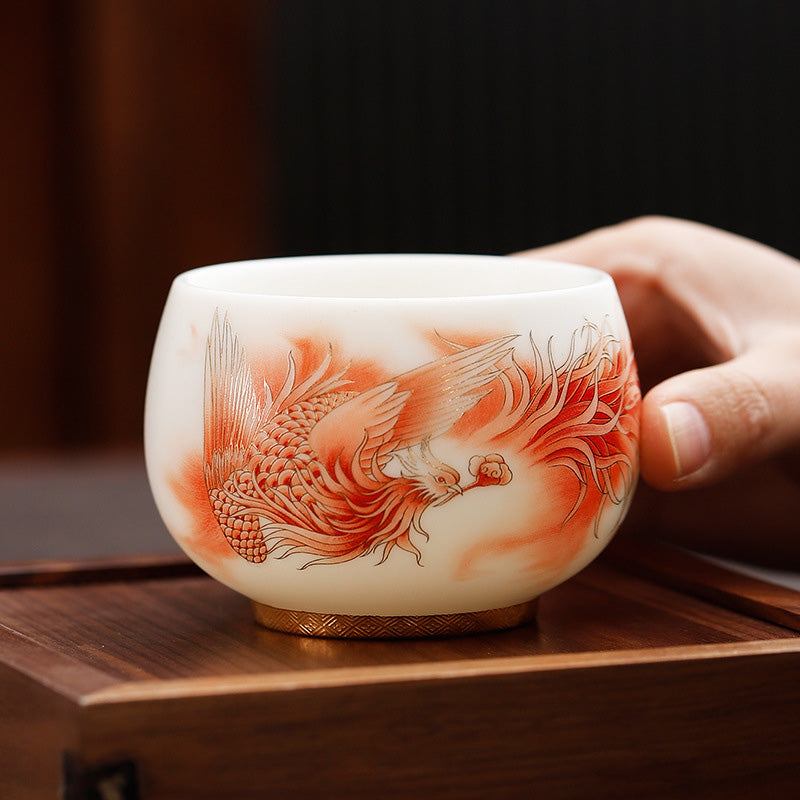 Buddha Stones Phoenix White Porcelain Ceramic Teacup Kung Fu Tea Cup Cup BS 3