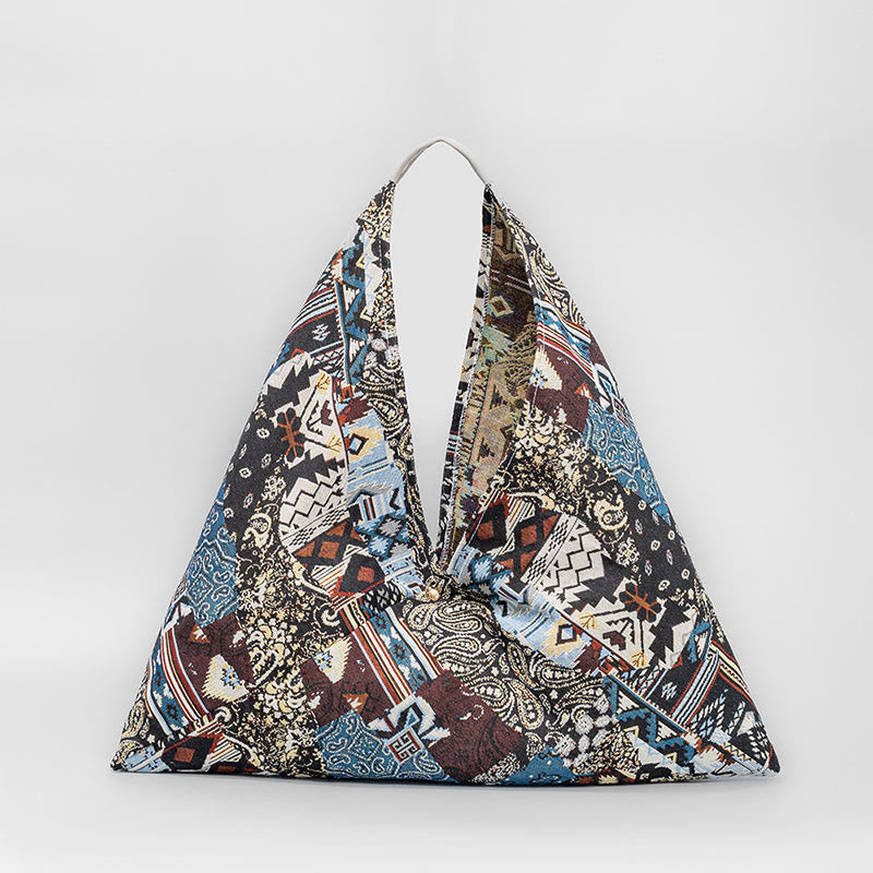 Buddha Stones Flowers Letters Butterfly Geometry Print Underarm Triangle Shoulder Bag Handbags BS Brown Blue Geometric 58*52cm