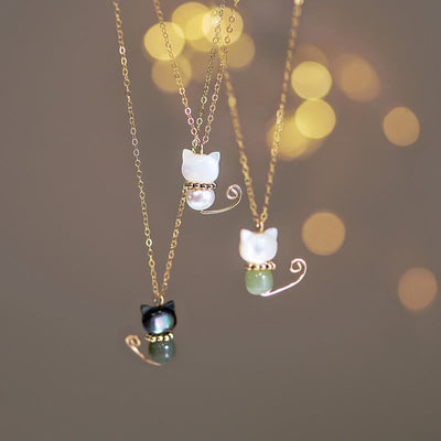 Buddha Stones 14K Gold Plated Pearl Hetian Jade Shell Luck Cat Kitten Necklace Pendant Necklaces & Pendants BS main