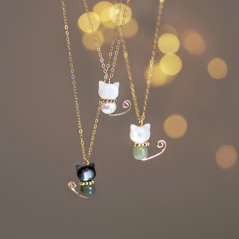 Buddha Stones 14K Gold Plated Pearl Hetian Jade Shell Luck Cat Kitten Necklace Pendant Necklaces & Pendants BS main