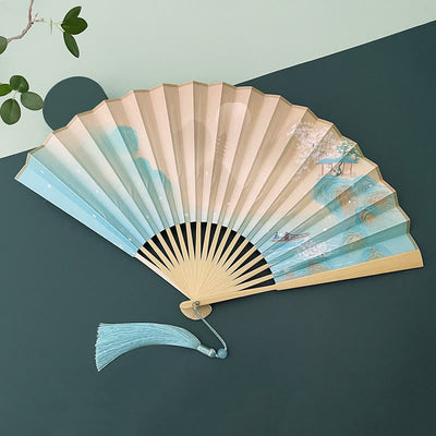 Buddha Stones Retro Lotus Flower Leaf Mountain Lake Handheld Folding Fan With Bamboo Frames Folding Fan BS Peach Blossom Mountain Landscape Beige Bamboo Frames