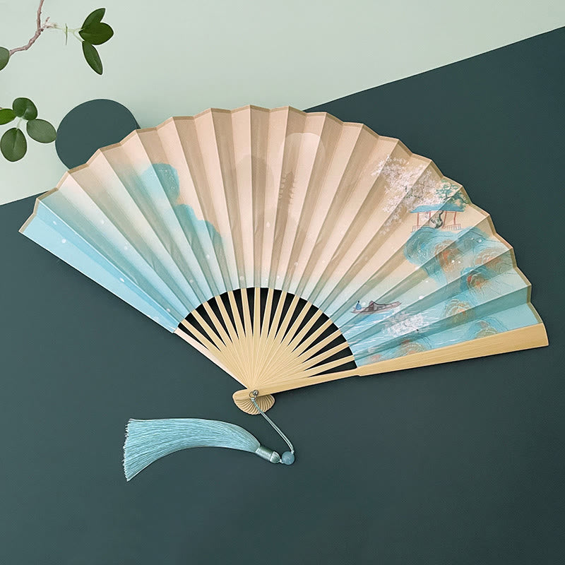 Buddha Stones Retro Lotus Flower Leaf Mountain Lake Handheld Folding Fan With Bamboo Frames Folding Fan BS Peach Blossom Mountain Landscape Beige Bamboo Frames