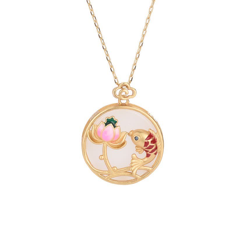 Buddha Stones White Jade Koi Fish Lotus Blessing Necklace Pendant Necklaces & Pendants BS 4