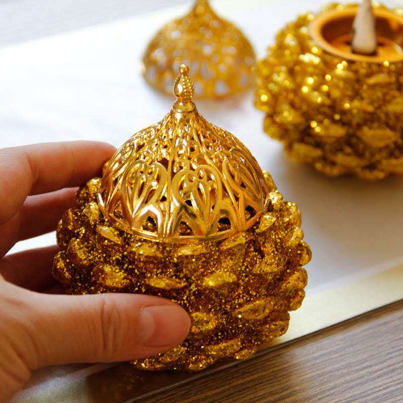 Buddha Stones Gold Pine Cone Pattern Spiritual Rituals Mini Incense Burner Home Tabletop Decor Incense Burner BS 16