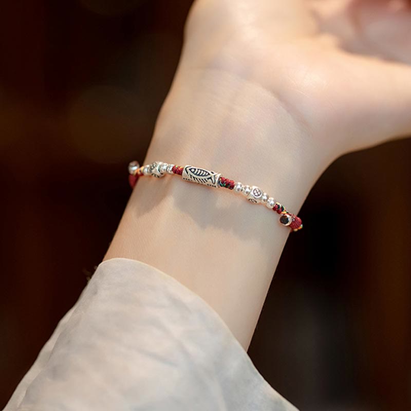 Buddha Stones 925 Sterling Silver Luck Koi Fish Braided Colorful String Bracelet Anklet Bracelet BS 5