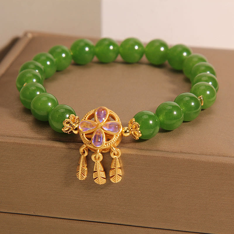 Buddha Stones Green Jade Dreamcatcher Four Leaf Clover Luck Bracelet Bracelet BS 1