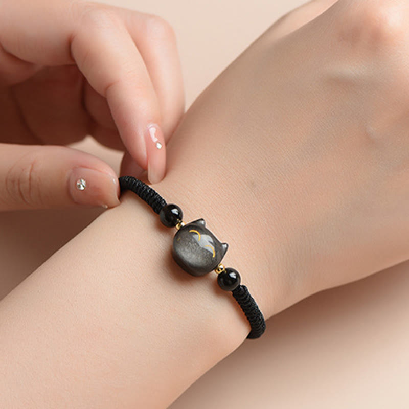 Buddha Stones Handmade Natural Silver Sheen Obsidian Strawberry Quartz Cute Cat Protection Braided Bracelet Bracelet BS 3