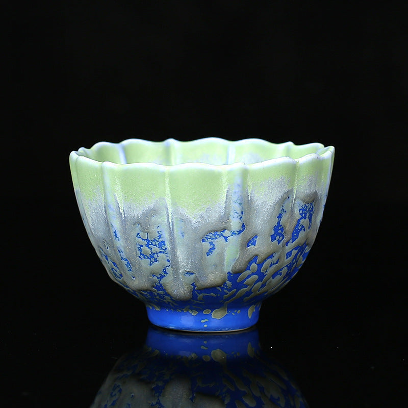 Buddha Stones Retro Blue Red Gradient Lotus Pattern Kiln Change Ceramic Teacup Kung Fu Tea Cup Bowl Cup BS Blue 7.8cm*5.2cm*120ml